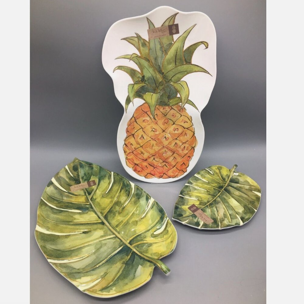 3pc Nicole Miller Pineapple Palms Melamine Serving Tray Set Tropical Gold Hawaii